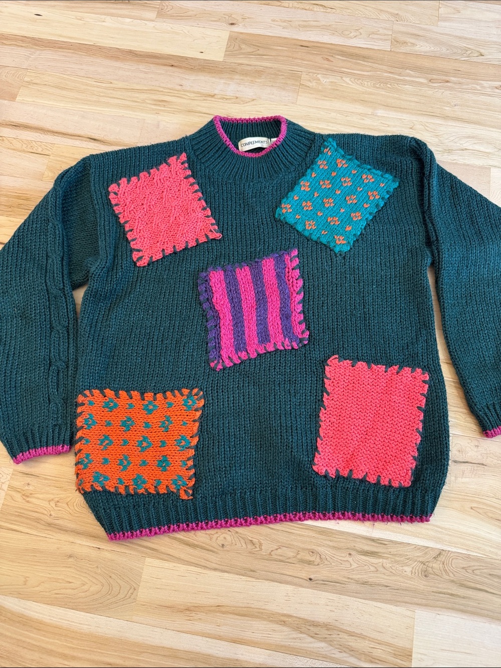 Vintage-80s Patchwork Crewneck Sweater-M-Boho